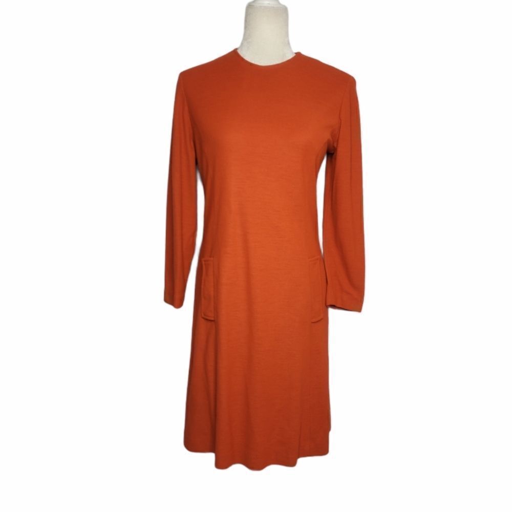 VINTAGE 60s dress orange long sleeve‎ mod sheath with pockets S